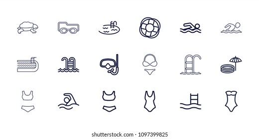 Swim icon. collection of 18 swim outline icons such as pool, swimsuit, pool ladder, swim suit, swimming man, snorkel, lifebuoy, turtle. editable swim icons for web and mobile.