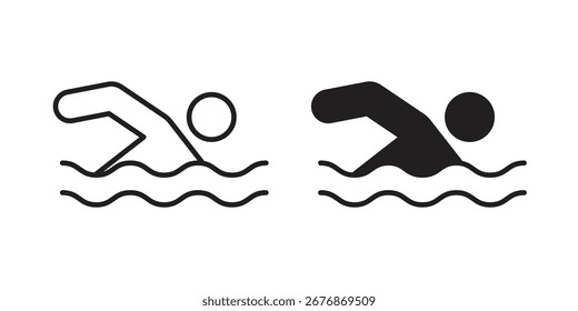 Icono de la natación en el fondo blanco. icono fijado en el contorno y el relleno negros