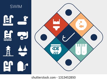 swim icon set. 13 filled swim icons.  Simple modern icons about  - Snorkel, Swimming pool, Surf, Lifeguard, Swimsuit, Dive, Rubber ring, Fishbowl, Bikini, Fish bowl, Flippers