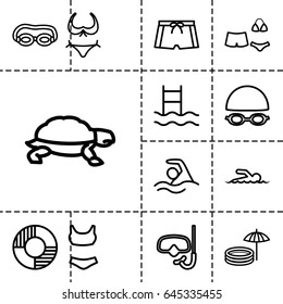 Swim icon. set of 13 outline swimicons such as turtle, bikini, swimsuit, lifebuoy, swimmer, inflatable pool and umbrella, man swim wear, swimming, swimming hat and glasses