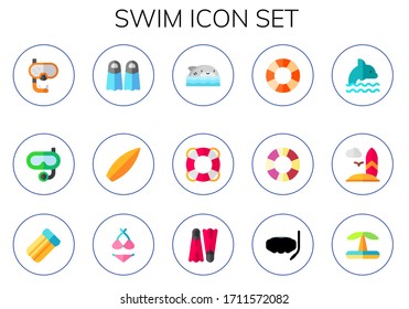 swim icon set. 15 flat swim icons. Included snorkel, fins, surf, shark, lifesaver, dolphin, surfboard, air mattress, bikini, flippers, swimming pool icons