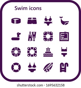 swim icon set. 16 filled swim icons. Included Pool, Swimsuit, Bikini, Whale, Rubber ring, Flippers, Lifesaver, Swimming pool, Buoy, Lifeguard, Surfboard icons