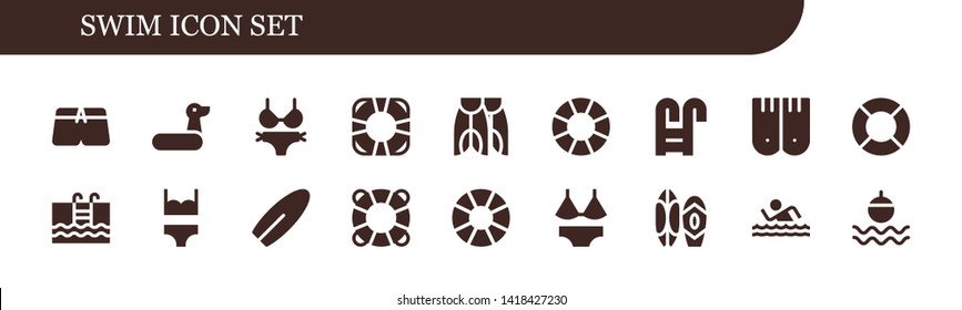 swim icon set. 18 filled swim icons.  Simple modern icons about  - Swimsuit, Rubber ring, Bikini, Lifesaver, Flippers, Lifebuoy, Swimming pool, Lifeguard, Swimming, Surfboard