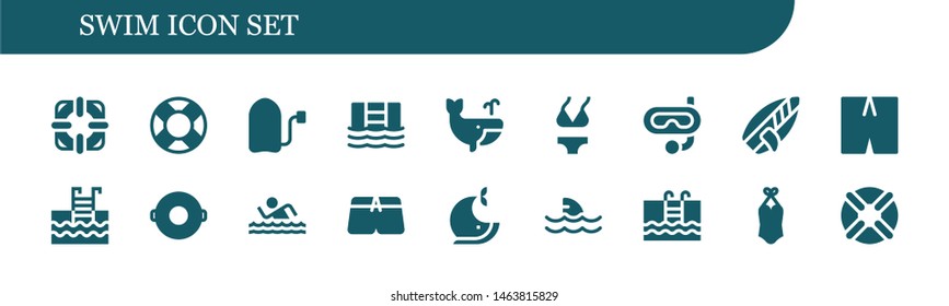 swim icon set. 18 filled swim icons.  Simple modern icons about  - Lifesaver, Lifebuoy, Surf, Swimming pool, Whale, Bikini, Snorkel, Surfboard, Swimsuit, Float, Swim, Shark, Swimming