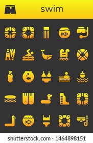 swim icon set. 26 filled swim icons.  Collection Of - Lifesaver, Swim shorts, Float, Fishbowl, Snorkel, Flippers, Swimming, Whale, Swimming pool, Lifebuoy, Swimsuit, Surf, Rubber ring