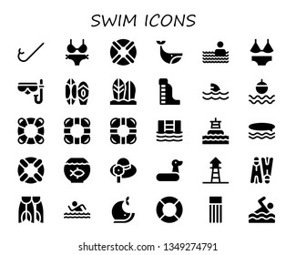 swim icon set. 30 filled swim icons.  Simple modern icons about  - Snorkel, Bikini, Lifebuoy, Whale, Swimming pool, Swimsuit, Diving mask, Surf, Surfboard, Waterpark, Shark, Float