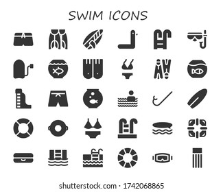 swim icon set. 30 filled swim icons. Included Swimsuit, Flippers, Surfboard, Duck, Swimming pool, Diving mask, Surf, Fish bowl, Bikini, Fishbowl, Waterpark, Snorkel, Lifeguard icons