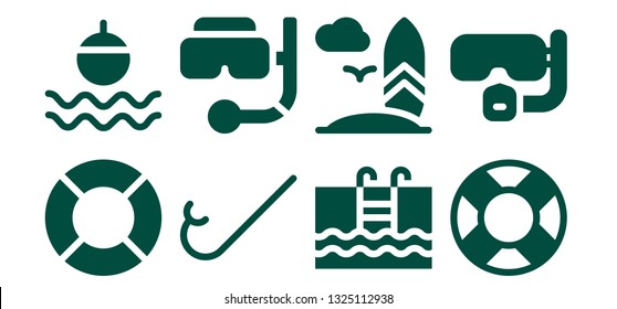swim icon set. 8 filled swim icons.  Simple modern icons about  - Lifeguard, Float, Snorkel, Swimming, Surfboard, Lifebuoy, Dive