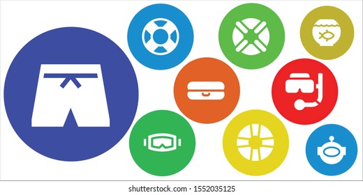 swim icon set. 9 filled swim icons.  Simple modern icons about  - Swimsuit, Lifebuoy, Diving mask, Lifesaver, Float, Snorkel, Fish bowl, Aqualung