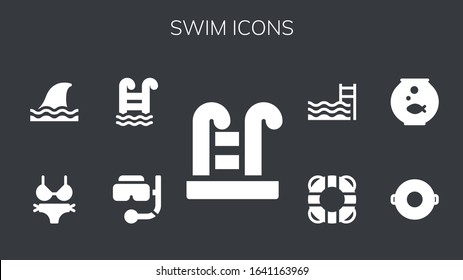 swim icon set. 9 filled swim icons. Included Swimming pool, Snorkel, Bikini, Shark, Float, Fishbowl, Lifebuoy icons
