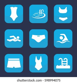 swim icon. Set of 9 filled swim icons such as pool, swimsuit, swimming pool, swimming