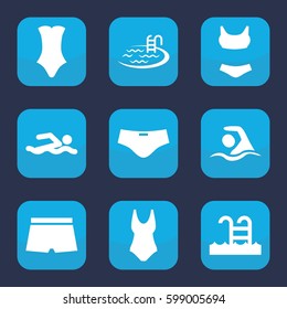 swim icon. Set of 9 filled swim icons such as pool, swimsuit, swimming pool, swimming