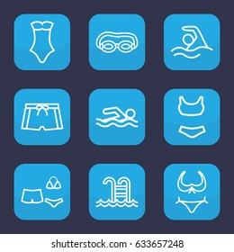 Swim icon. set of 9 outline swim icons such as bikini, swimsuit, swimming pool, man swim wear, swimming