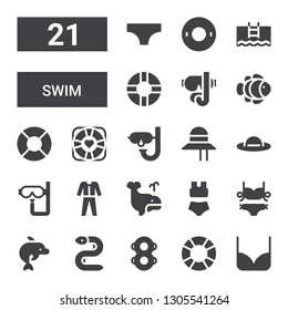 swim icon set. Collection of 21 filled swim icons included Bikini, Lifesaver, Floats, Eel, Dolphin, Whale, Diving, Dive, Pamela, Lifebuoy, Clown fish, Diving mask, Pool, Float