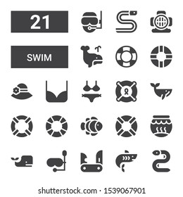swim icon set. Collection of 21 filled swim icons included Eel, Shark, Jackknife, Diving mask, Whale, Fishbowl, Lifesaver, Clown fish, Bikini, Pamela, Aqualung, Diver