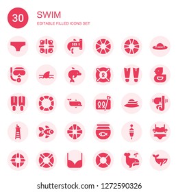 swim icon set. Collection of 30 filled swim icons included Bikini, Lifesaver, Shark, Lifebuoy, Scuba diving, Dolphin, Fins, Sardines, Pamela, Lifeguard, Goldfish, Fish bowl, Floating