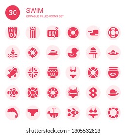 swim icon set. Collection of 30 filled swim icons included Flippers, Floating, Sardines, Lifebuoy, Whale, Buoy, Lifeguard, Pamela, Duck, Shark, Fishbowl, Bikini, Lifesaver, Clown fish