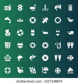 swim icon set. Collection of 36 filled swim icons included Dolphin, Lifesaver, Scuba diving, Flipper, Whale, Clown fish, Fins, Lifebuoy, Shark, Aqualung, Dive, Lifeguard, Bikini