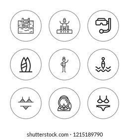 Swim icon set. collection of 9 outline swim icons with aqualung, buoy, bikini, pool, surf board, snorkel icons. editable icons.