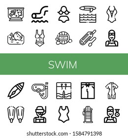 swim icon set. Collection of Fish tank, Swimmer, Waterpark, Swimsuit, Bikini, Waterpolo, Surf, Rescue tube, Surfboard, Fins, Snorkel, Dive, Swimwear, Lifeguard chair, Neoprene icons