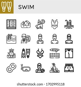 swim icon set. Collection of Flippers, Swimming pool, Swimmer, Shark, Swimsuit, Pool, Lifebuoy, Surfing, Surf, Floats, Snorkel, Water polo, Dolphin icons