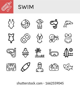 swim icon set. Collection of Rescue tube, Swimsuit, Duck, Neoprene, Snorkel, Dolphin, Floats, Pool kickboard, Bikini, Pool, Surfboard, Swimmer, Shark icons