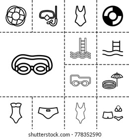 Swim icons. set of 13 editable outline swim icons such as lifebuoy, swimsuit, pool ladder, swim suit, snorkel