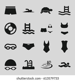 Swim icons set. set of 16 swim filled icons such as turtle, pool, swimsuit, swimming pool, swimming hat and glasses, lifebuoy, swimmer, man swim wear, pool ladder