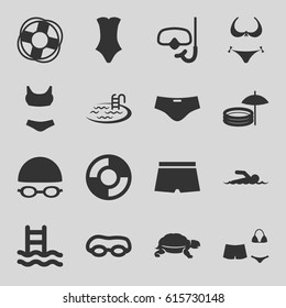 Swim icons set. set of 16 swim filled icons such as turtle, bikini, pool, swimsuit, swimming hat and glasses, snorkel, lifebuoy, swimmer, inflatable pool and umbrella