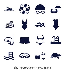 Swim icons set. set of 16 swim filled icons such as turtle, bikini, pool, swimsuit, swimming pool, swimming hat and glasses, snorkel, swimmer, man swim wear, lifebuoy