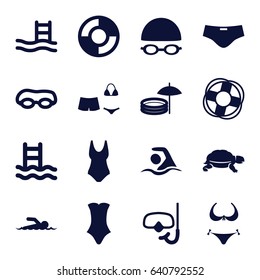 Swim icons set. set of 16 swim filled icons such as turtle, bikini, swimsuit, swimming, swimming hat and glasses, snorkel, lifebuoy, swimmer, inflatable pool and umbrella