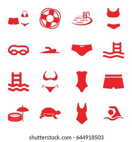 Swim icons set. set of 16 swim filled icons such as turtle, bikini, pool, swimsuit, swimming, swimmer, inflatable pool and umbrella, man swim wear, lifebuoy, pool ladder