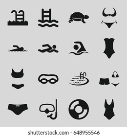 Swim icons set. set of 16 swim filled icons such as turtle, bikini, pool, swimsuit, swimming pool, swimming, snorkel, lifebuoy, swimmer, man swim wear