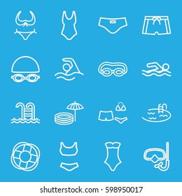 swim icons set. Set of 16 swim outline icons such as bikini, pool, swimsuit, swimming pool, inflatable pool and umbrella, man swim wear, lifebuoy, swimming, snorkel