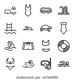 Swim icons set. set of 16 swim outline icons such as turtle, bikini, pool, swimsuit, swimming pool, lifebuoy, swimmer, man swim wear, swimming, snorkel