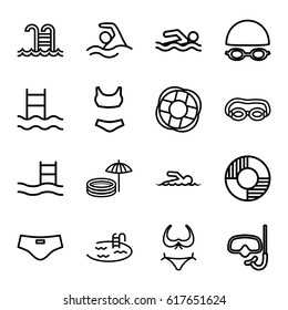 Swim icons set. set of 16 swim outline icons such as bikini, pool, swimming pool, lifebuoy, swimmer, man swim wear, swimming, snorkel