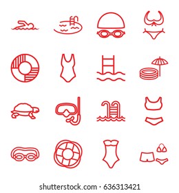 Swim icons set. set of 16 swim outline icons such as turtle, bikini, pool, swimsuit, swimming pool, lifebuoy, swimmer, inflatable pool and umbrella, swimming hat and glasses