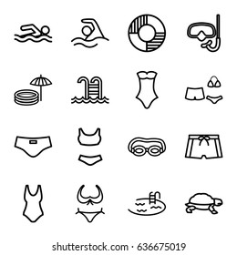 Swim icons set. set of 16 swim outline icons such as turtle, bikini, pool, swimsuit, swimming pool, lifebuoy, inflatable pool and umbrella, man swim wear, swimming, snorkel