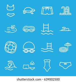 Swim icons set. set of 16 swim outline icons such as turtle, pool, swimsuit, swimming pool, swimmer, man swim wear, lifebuoy, swimming