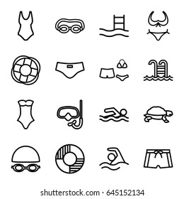 Swim icons set. set of 16 swim outline icons such as turtle, bikini, swimsuit, swimming pool, lifebuoy, man swim wear, swimming, snorkel, swim suit