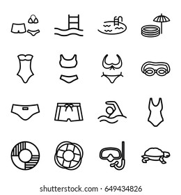 Swim icons set. set of 16 swim outline icons such as turtle, bikini, pool, swimsuit, lifebuoy, inflatable pool and umbrella, man swim wear, swimming, snorkel