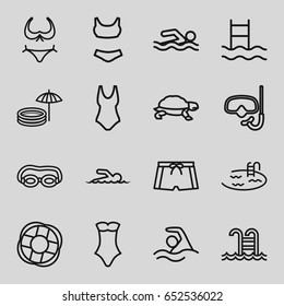 Swim icons set. set of 16 swim outline icons such as turtle, bikini, pool, swimsuit, swimming pool, swimmer, inflatable pool and umbrella, man swim wear, lifebuoy, swimming