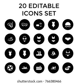 Swim icons. set of 20 editable filled swim icons such as bikini, pool, swimsuit, swim suit, swimming man, swimming pool, snorkel, inflatable pool and umbrella