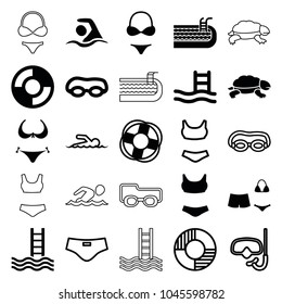 Swim icons. set of 25 editable filled and outline swim icons such as bikini, pool ladder, swim suit, swimming glasses, swimsuit, swimming, lifebuoy, snorkel, swimmer, turtle