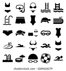 Swim icons. set of 25 editable filled swim icons such as turtle, bikini, pool, swimsuit, swim suit, swimming man, swimming glasses, snorkel