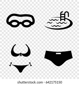 Swim icons set. set of 4 swim filled icons such as bikini, pool, man swim wear