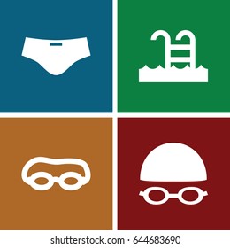 Swim icons set. set of 4 swim filled icons such as swimming pool, swimming hat and glasses, man swim wear