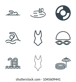 Swim icons. set of 9 editable outline swim icons such as lifebuoy, pool, swim suit, swimming pool, swimming, swimming hat and glasses, swimmer