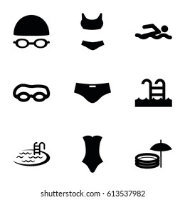 Swim icons set. set of 9 swim filled icons such as pool, swimsuit, swimming pool, swimming hat and glasses, inflatable pool and umbrella, man swim wear