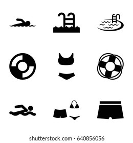 Swim icons set. set of 9 swim filled icons such as pool, swimsuit, swimming pool, lifebuoy, swimmer